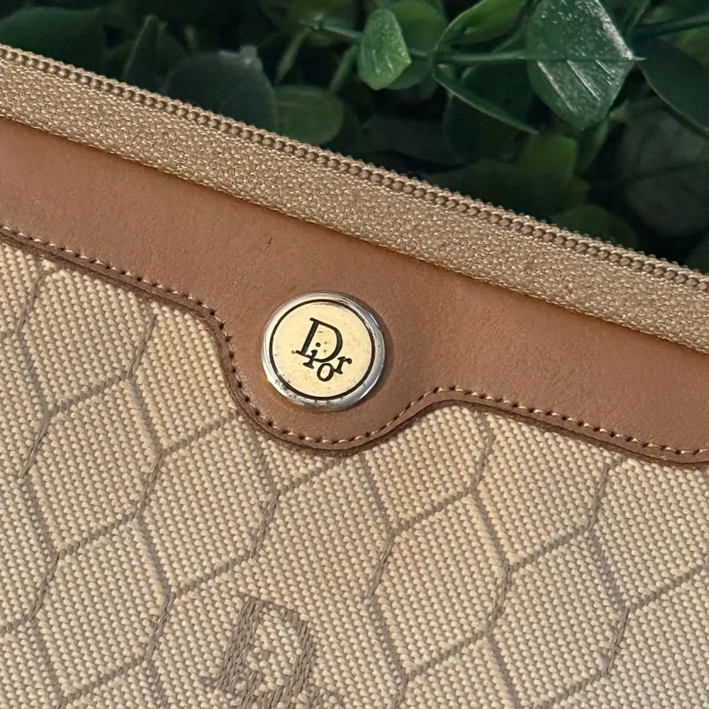 Dior Cannage (Honeycomb) Pouch – Beige Canvas with Brown Leather Trim